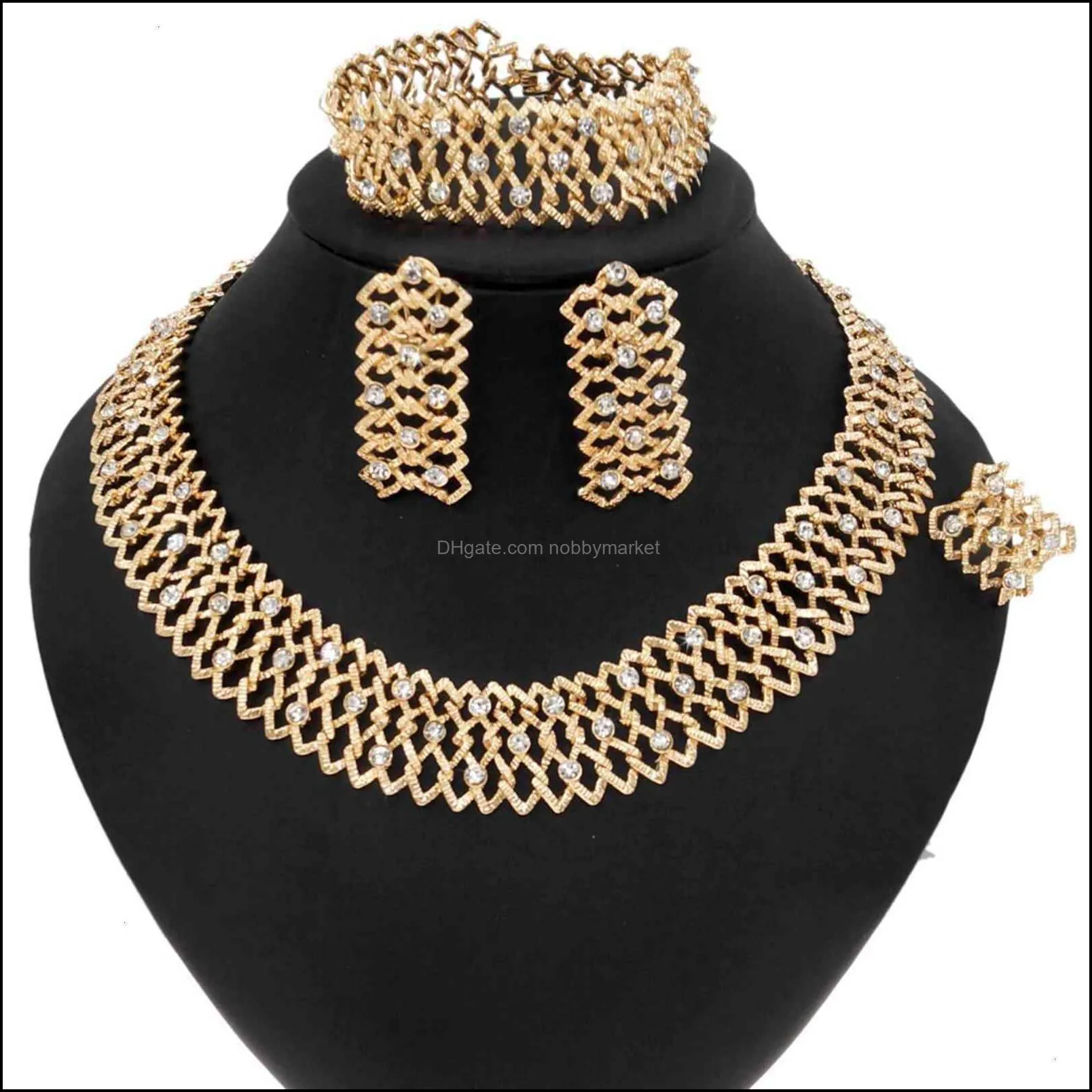 Brand Bracelet Earring & Necklace Fashion diamond setting zircon gold-plated necklace earring bracelet ring jewelry zinc