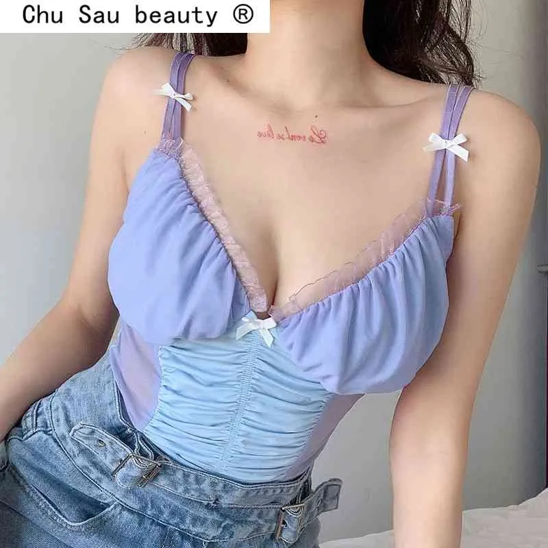 Fashion Summer Sexy Chic Lace Patchwork Sling Crop Tops Women Casual V-neck Camis Top Female Backless Strapless T-shirts 210508