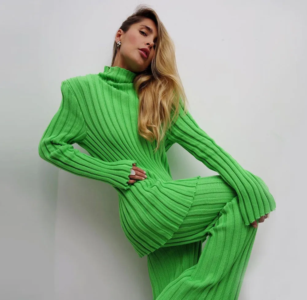 Pantalon droit plissé vert taille haute pour femme, pull tricoté Y2K, Long, avec épaulettes, collection automne-hiver 2022