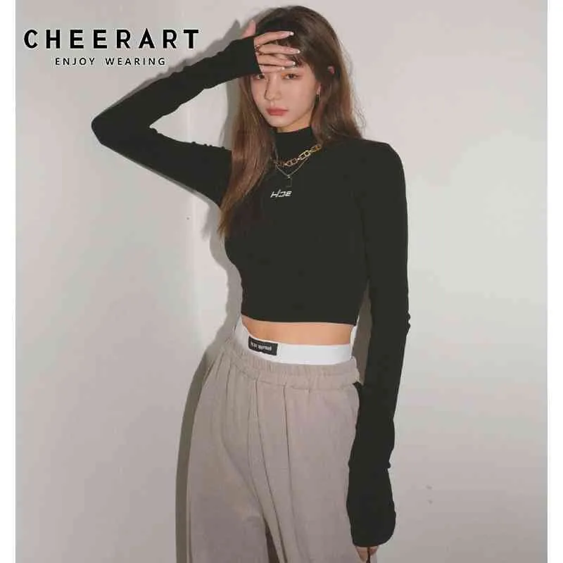 Czarny Z Długim rękaw Crop Top Letter Haft T Shirt Kobiety Turtleneck Tshirt Bodycon Tee Koreański Moda Odzież 210427