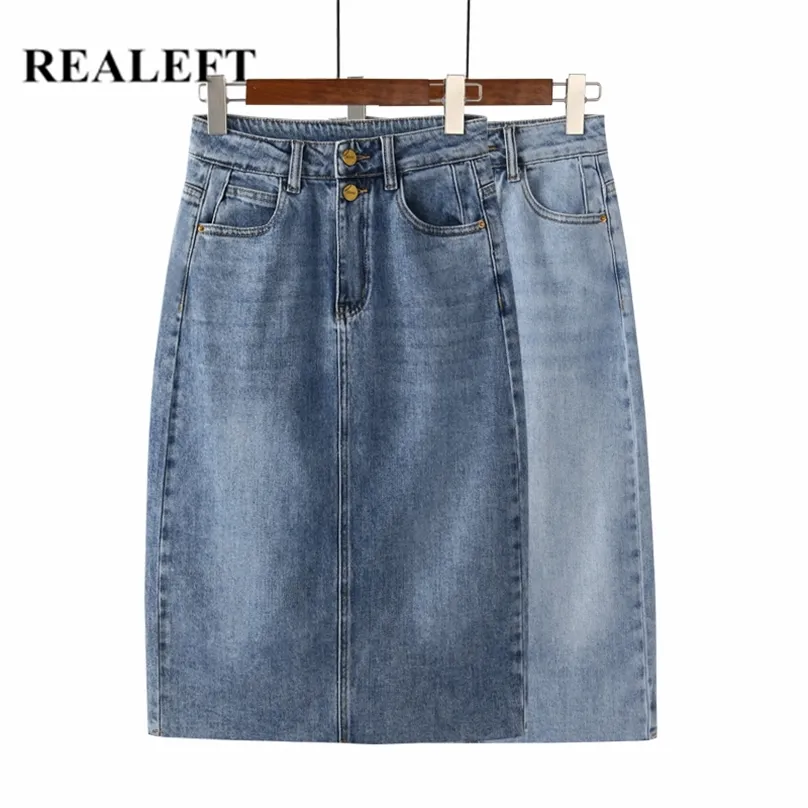 Realeft Spring Summer Vintage Femmes Denim Jupe High Wasit Jeans Droit Femme A-Line Crayon Back Split 210629