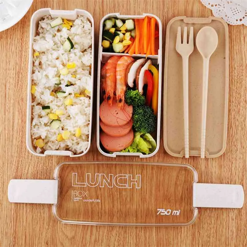 750ml 2 Layers Eco-Friendly Lunch Box Wheat Straw Material Bento Box Microwavable Dinnerware Lunchbox Leakproof Food Container 210818