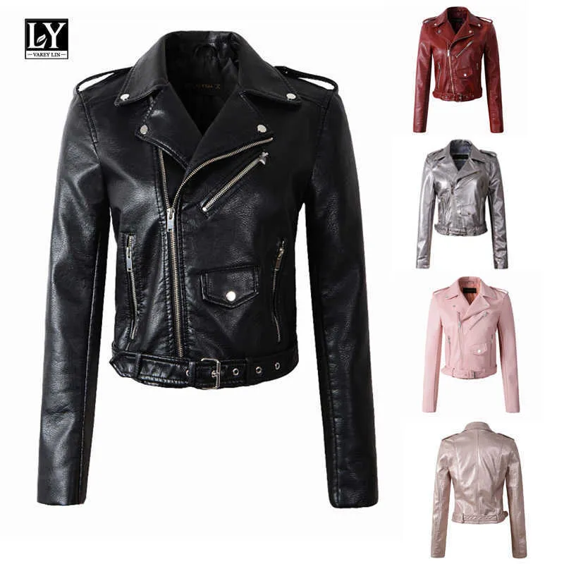 Ly Varey Lin Femmes Faux Veste en cuir souple Pu Moto Rouge Col rabattu Rose Biker Zipper Design Punk Manteau Noir 210526