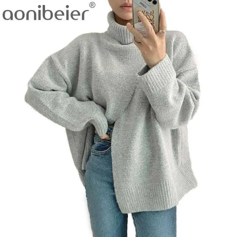 Winter Loose Turtle Neck Long-sleeved Women Thickened Solid Color Minimalist Split Pullover Knitted Sweater Clothing 210604