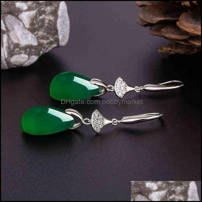 Natural Green Jade Chalcedony Water Drop Earrings 925 Silver Carved Charm Jadeite Jewelry Fashion Amulet for Women Gifts