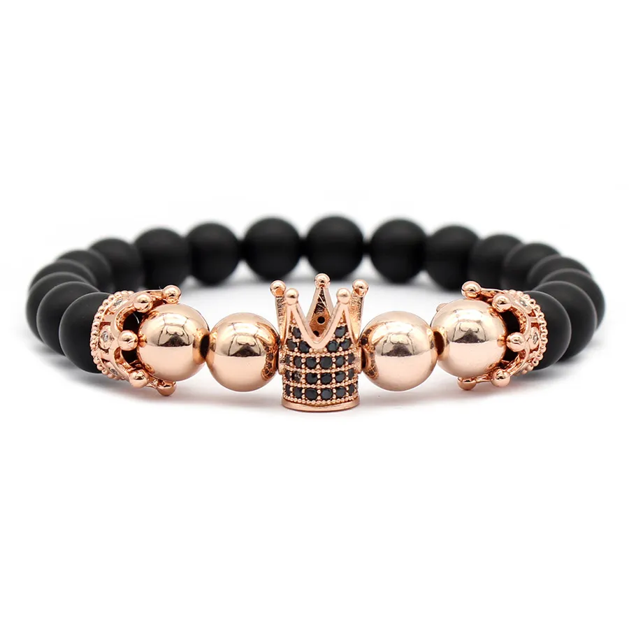 Pave Zircon Crown Bracelet Charm Men Handmade Black Matte Women Weaving Jewelry Stone Beads Bracelets