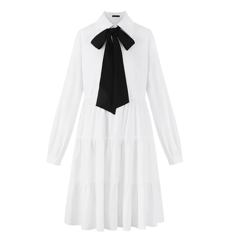 Noir blanc col claudine noeud lanterne manches courtes Mini robe ample taille élastique doux printemps été D2521 210514