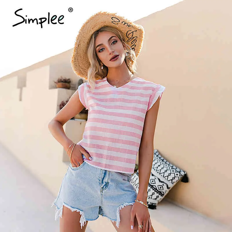 Casual Stripe Ruffled Voltar Lace Up Women t - shirts Verão V-Pescoço Escritório Senhora Camisas De Algodão Feminino Fashion Fashion Top 210414