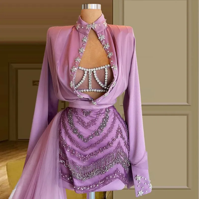 Robes de soirée robe de cocktail perlée de cristal scintillant avec train violet chemisier à manches longues et jupe courte mode célébrité bal