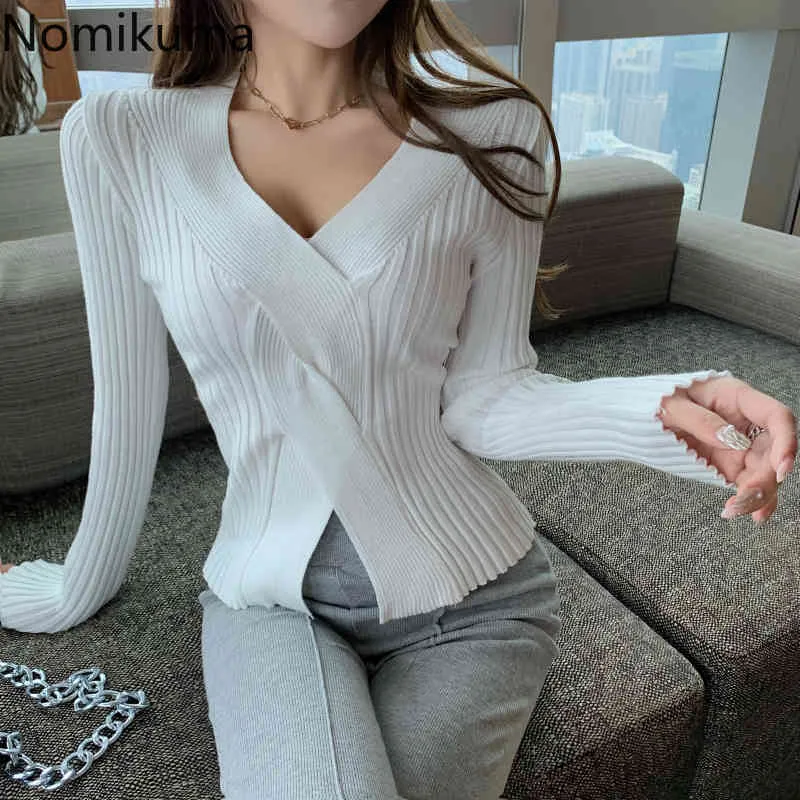 Nomikuma Pull Femme Design in stile coreano Croce con scollo a V Slim maglione a maniche lunghe Autunno Tinta unita All-match Pullover Top 210514
