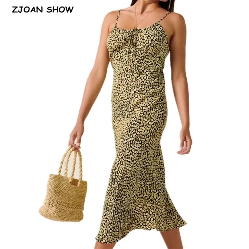 Французский летний желтый цветочный принт бинты спагетти ремешок длинное платье элегантные сексуальные женские шнуровки до платьев на шее 210429