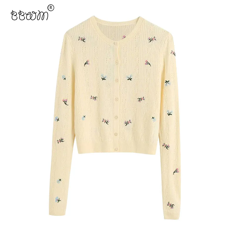 Femmes Sweet Fashion Floral Broderie Court Cardigan Vintage À Manches Longues À Manches Longues Pull Manteau Filles Chic Vêtements D'extérieur 210520