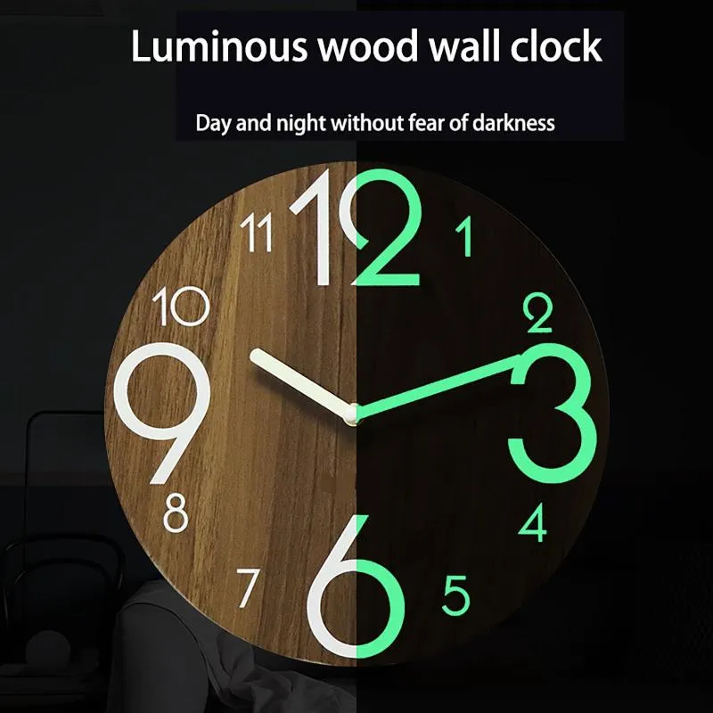 Wandklokken 12 inch Luminous Clock Wood Silent Light in Dark Night Nordic Fashion Non Ticking With Light2021