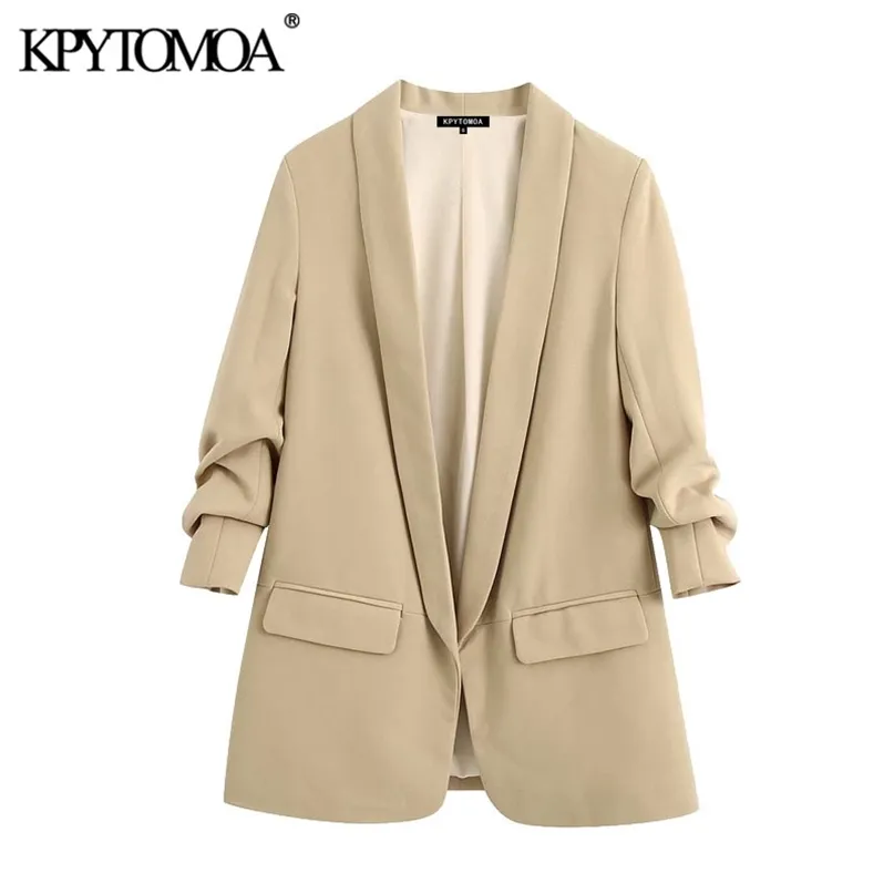 KPYTOMOA Dames Mode Kantoor Wear Basic Blazer Jas Vintage Rollow-up Mouwen Zakken Vrouwelijke Bovenkleding Chic Tops 211019
