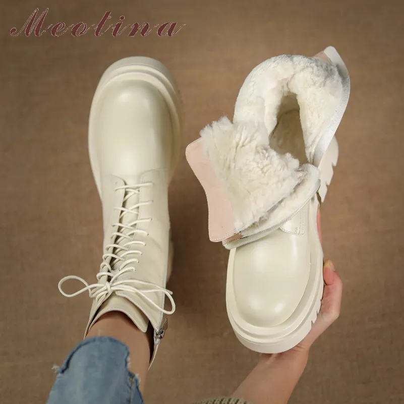 Meotina Genuine Leather Real Wool Fur Platform High Heel Motorcycle Boots Women Zip Lace Up Ankle Boots Block Heels Short Boots 210520