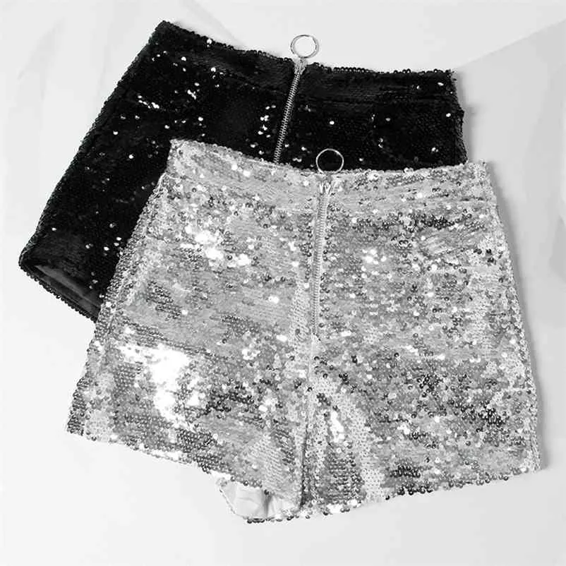 Bling Sexy Women Sequin Shorts High Waist O-Ring Zip Bodycon Feminino Skinny Party Club Festival Raves Pole Dance 210611