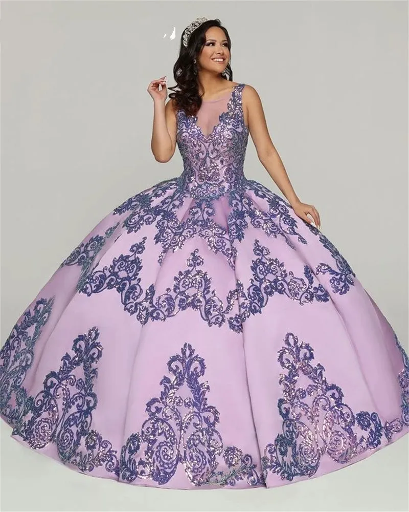 Robes de bal satin violet légères à paillettes de quinceanera robes sur mesure de la taille plus à la glissière de balle de bal de bal pour sweet 16 filles vestidos de 15 aos