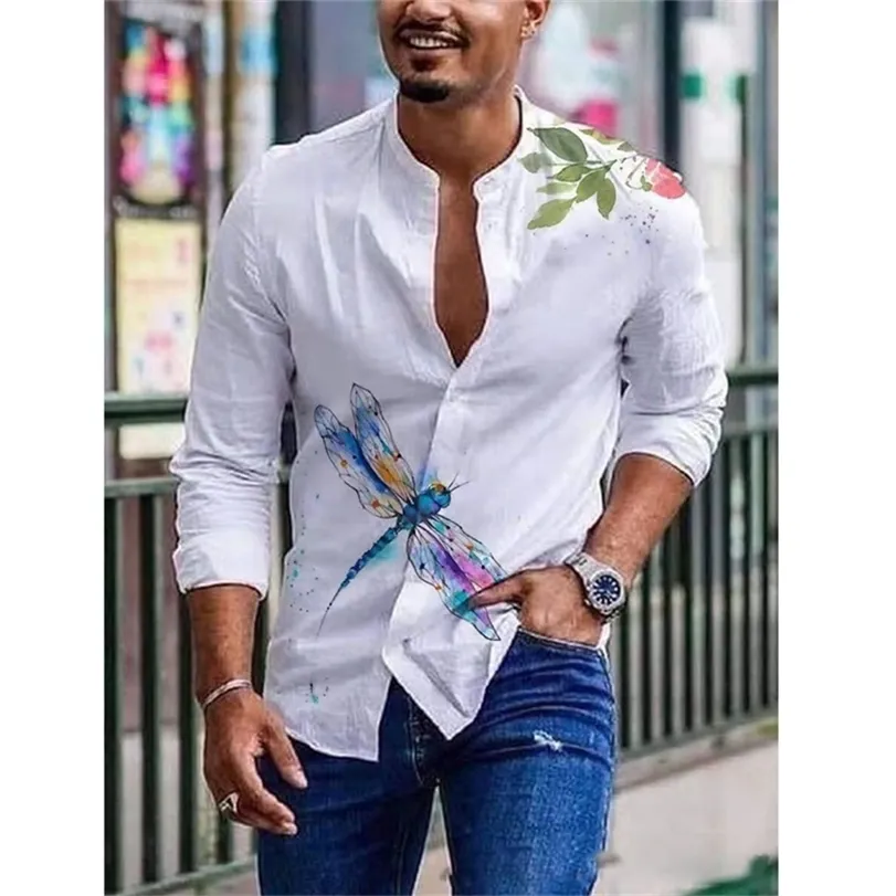 Camisas de hombre Primavera Verano Vintage estampado de manga larga botón fino imitación de lino camisa suelta para ropa informal de gran tamaño 220309