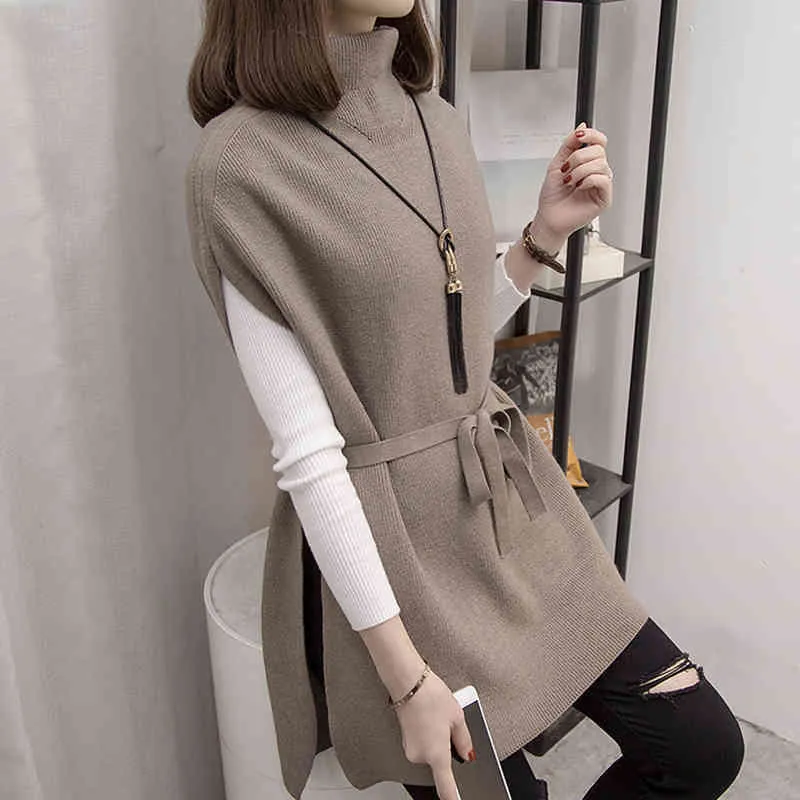 Women Winter Sweater Clothes Set Long Sleeve Belt Turtleneck Knitted Pullovers Tops E474 210426