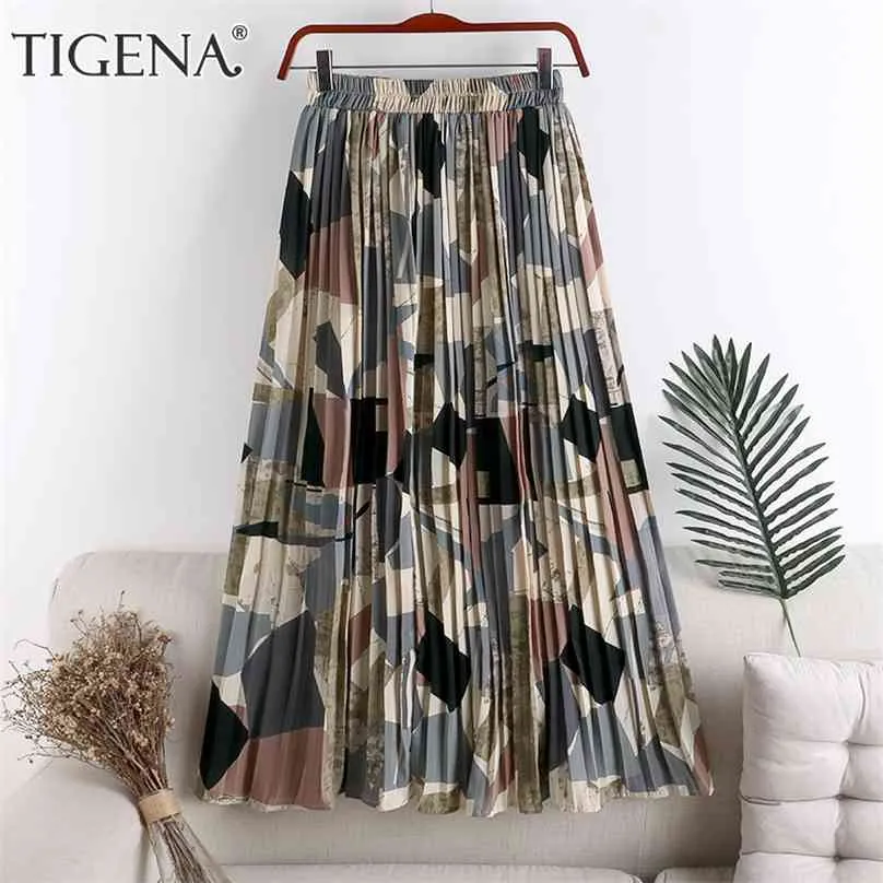 Tigena vintage lange geplooide rok vrouwen zomervakantie mooie kleurrijke print chiffon hoge taille maxi vrouw 210629