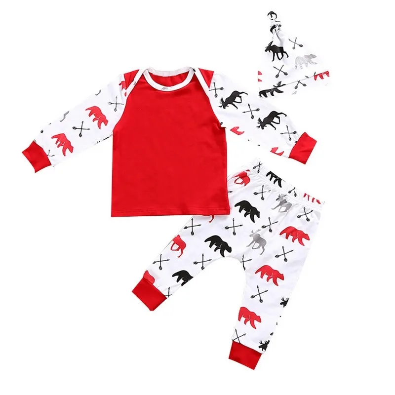 Red Christmas Bebê Roupa Suits Recém-nascido T-shirt T-shirt Calças Caps Conjunto de roupas de 3 peças Grupo X'mas Cervos Bear Boys Jumpsuit Algodão Pijama 210413