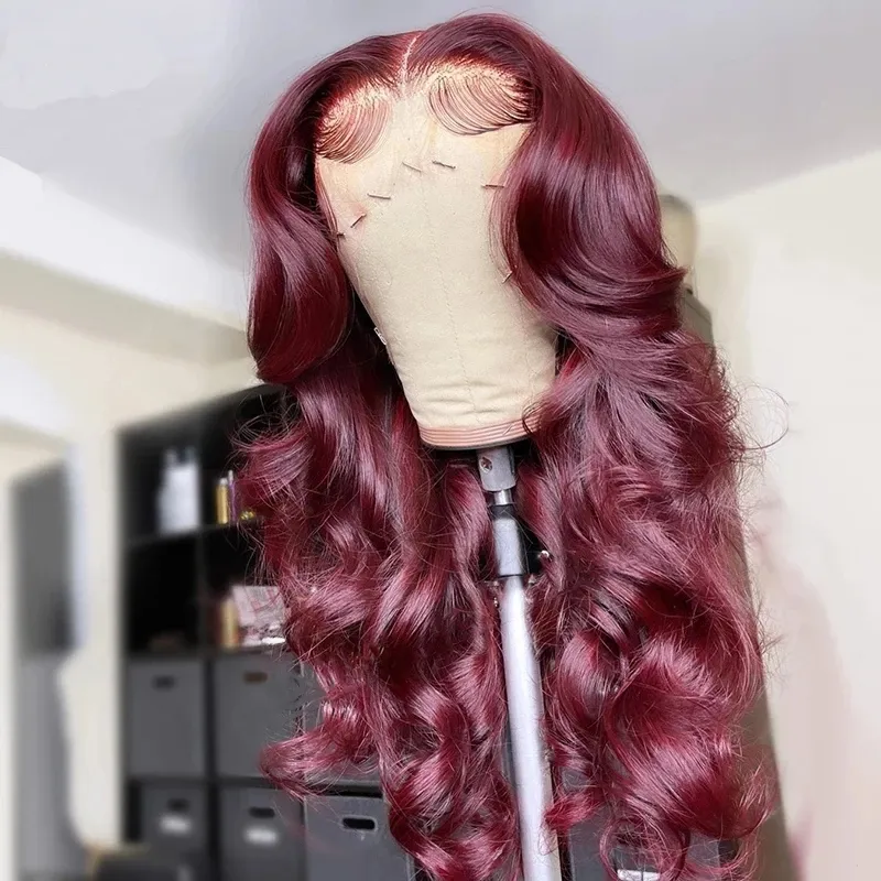 Wine Body Wave Lace Front Wigs Long Free Part Synthetic Wig For Women Pre Plucked With Natural Hairline