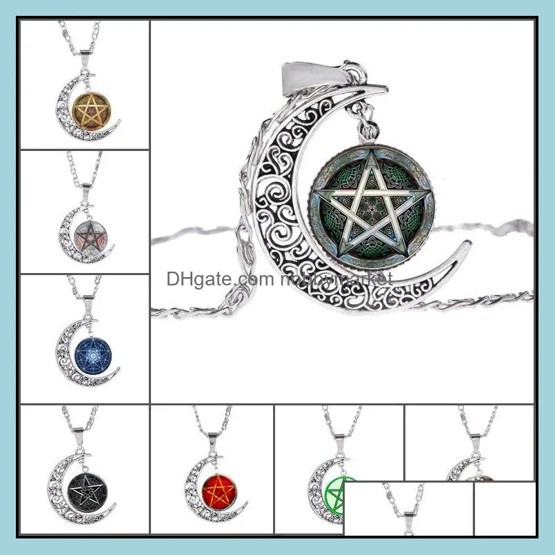 New Five-pointed star pendant necklaces Hollow Moon cabochons Glass Moonstone Pentagram necklace For women&Men witchcraft Jewelry