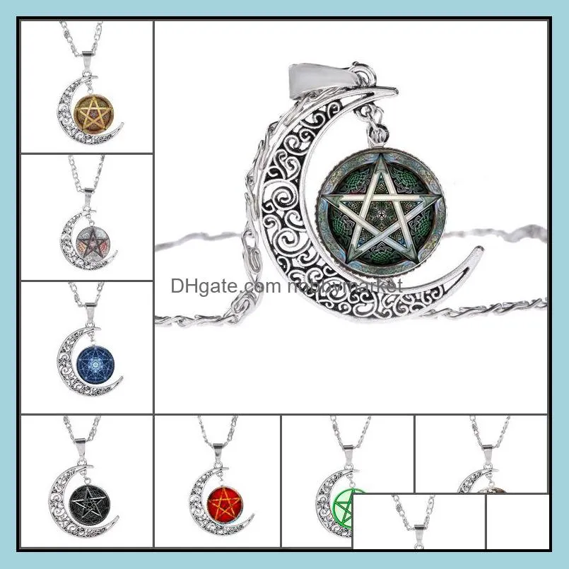 Pendant Necklaces & Pendants Jewelry Five-Pointed Star Hollow Moon Cabochons Glass Moonstone Pentagram Necklace For Women&Men Witchcraft Dro