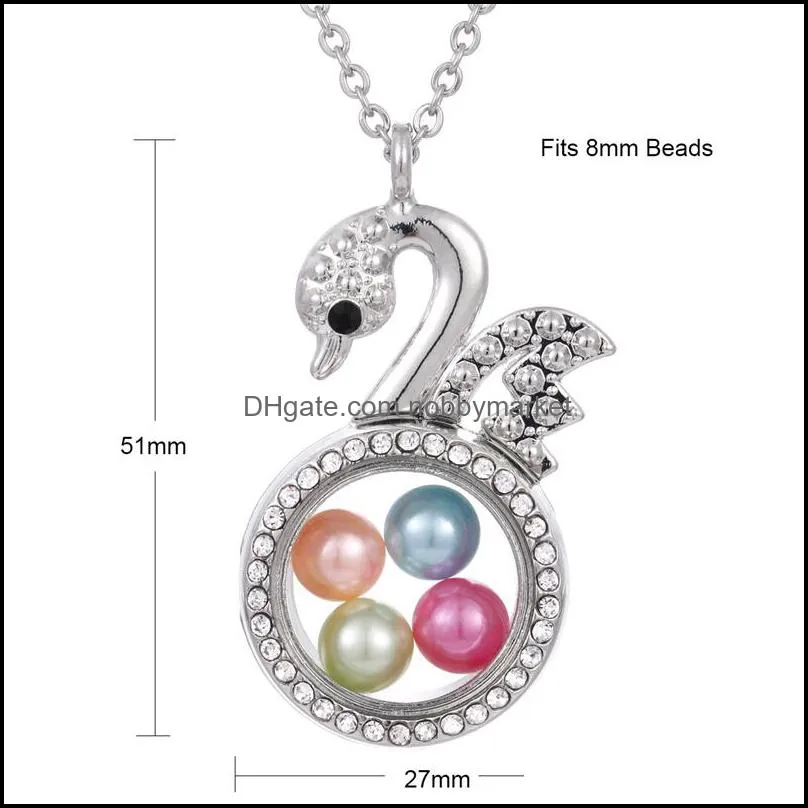 New crystal Silver Pearl Cage Pendant necklaces For women Living Memory Beads Glass Magnetic open Floating Lockets chains Fashion