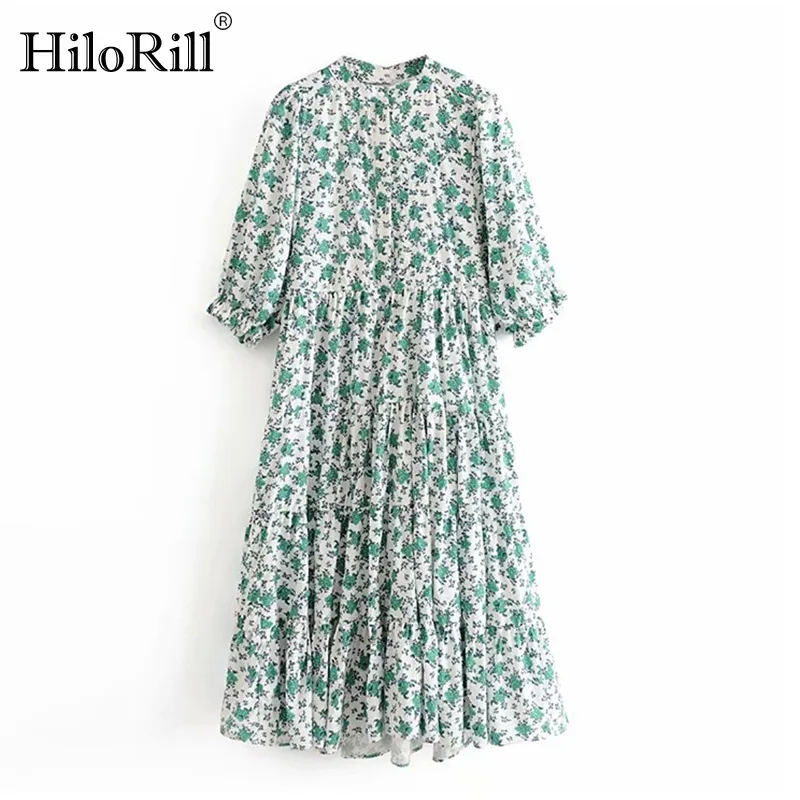 Robe longue plissée à imprimé floral Chic Femmes Vintage Manches courtes Lâche Casual ES Stand Collier Midi Robes 210508