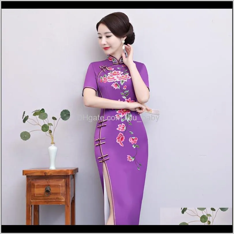 new arrival chinese long cheongsam fashion women embroidery dress elegant rayon qipao party dresses vestido shipping