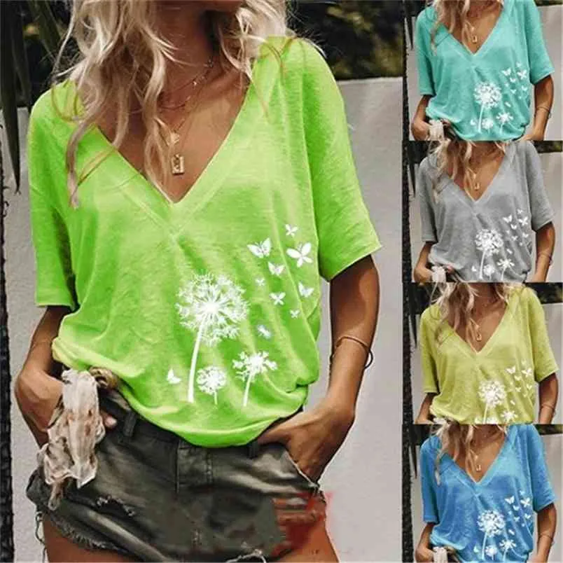 S-5XL Summer Print T Shirt Dames Sexy Col En V À Manches Courtes Tshirt Casual Loose Basic Gris T-Shirt Tee Tops Pour Femmes Harajuku 210517