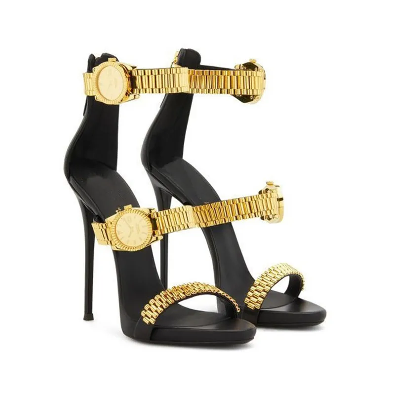 Gouden horloge studded schoen hoge hak sandaal metalen ketting decor gladiator sandalen vrouwen ontwerper sexy party schoenen vrouw