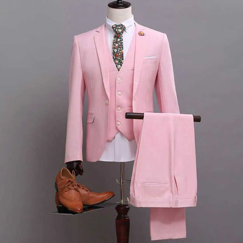 Pink Casual Prom Garnitury dla mężczyzn Slim Fit Wedding Tuxedo 3 Piece Male Moda Zestaw Kamizelka Kamizelka Z Spodnie Groomsmen Costume X0909