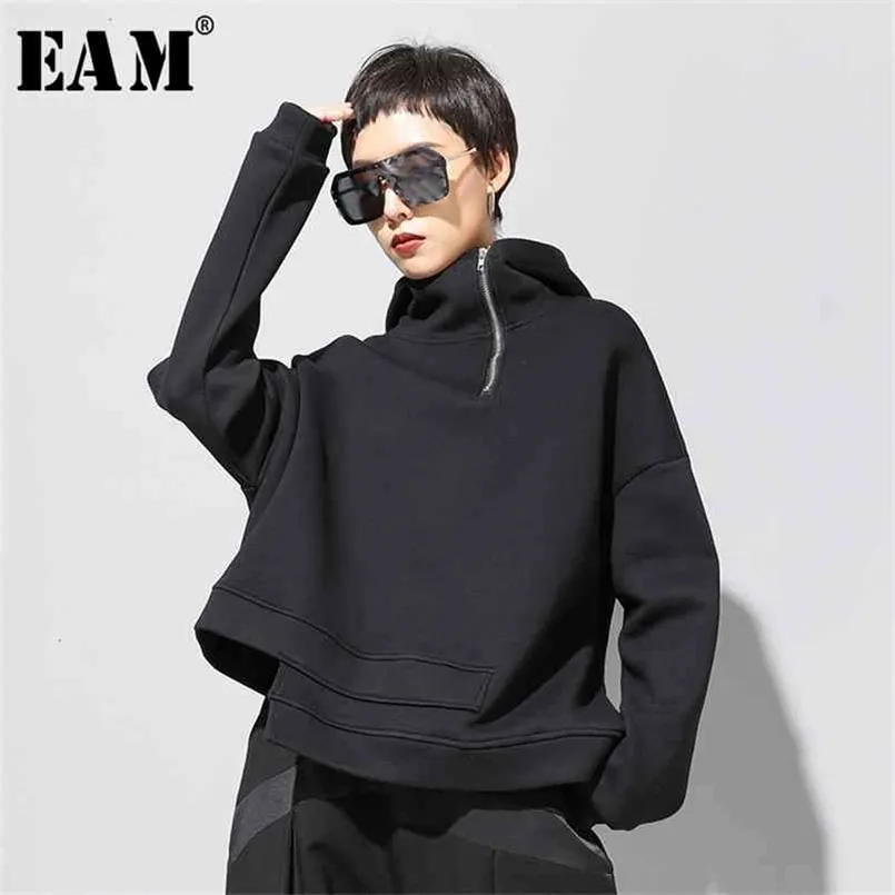 [EAM] Loose Fit asymétrique surdimensionné sweat-shirt à capuche à manches longues femmes grande taille mode printemps automne 19A-a527 210809