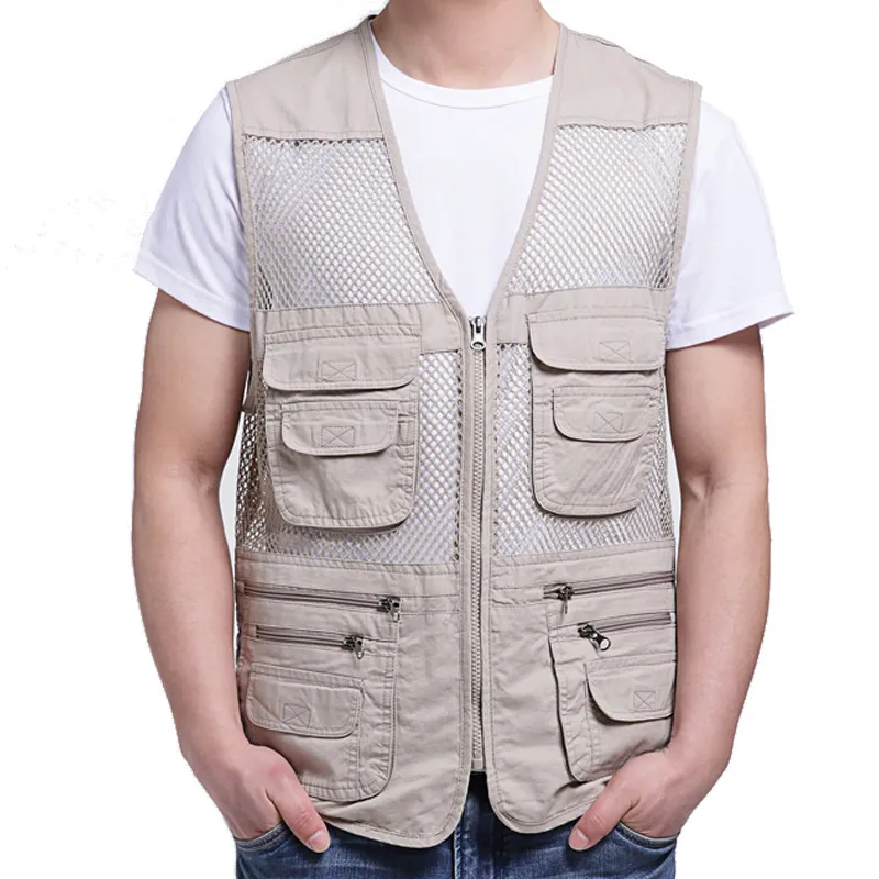 Homens sólidos Coletes Pesca Outdoor Multi-bolso Outwear Malha Zipper Quick Seco Mens Colete Pogador Casual À Prova D 'Água Carga Gilet 210524