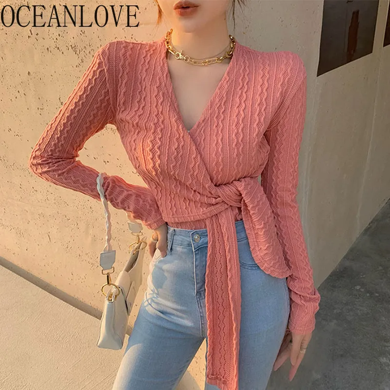 V-Neck Sweater Autumn Fashion Slim Waist All Match Knitted Pullover Solid Long Sleeve Short Length Woman Sweaters 210415