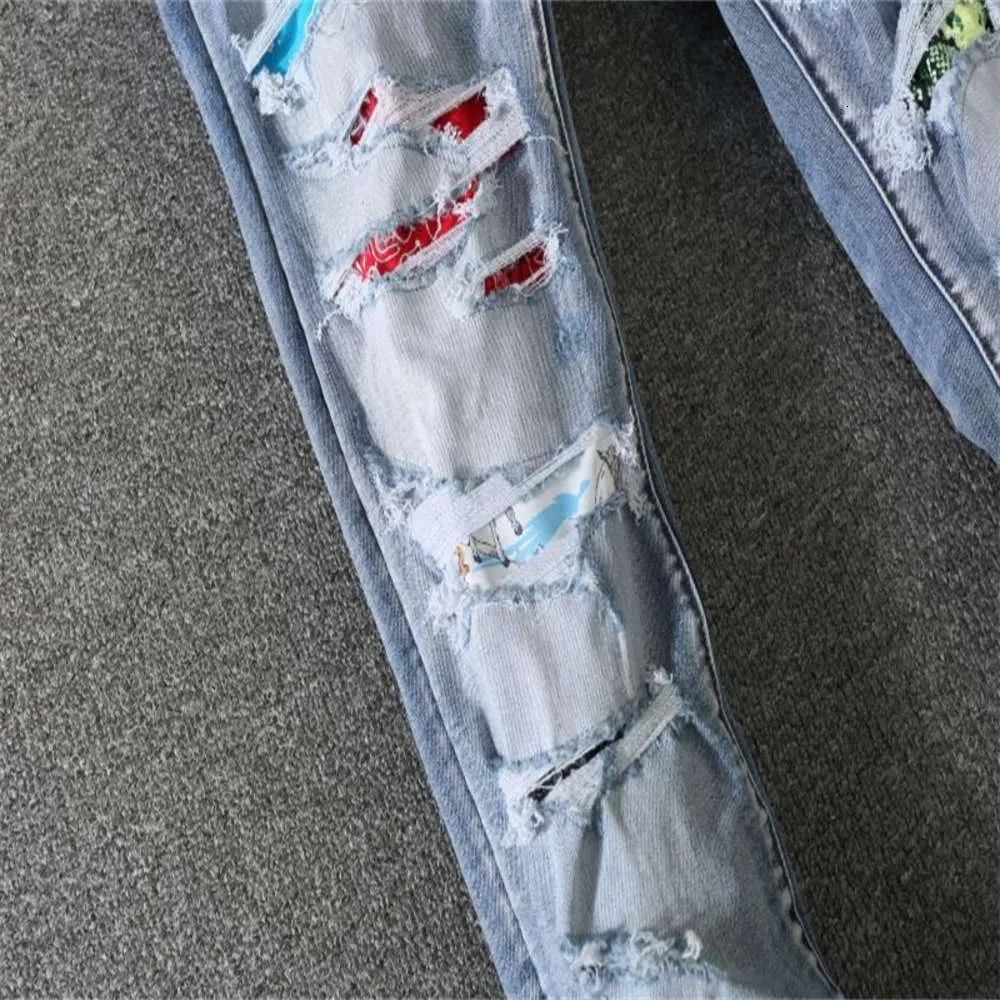 Men`s jeans color stickers, holes, frosting, casual fit, slim trend