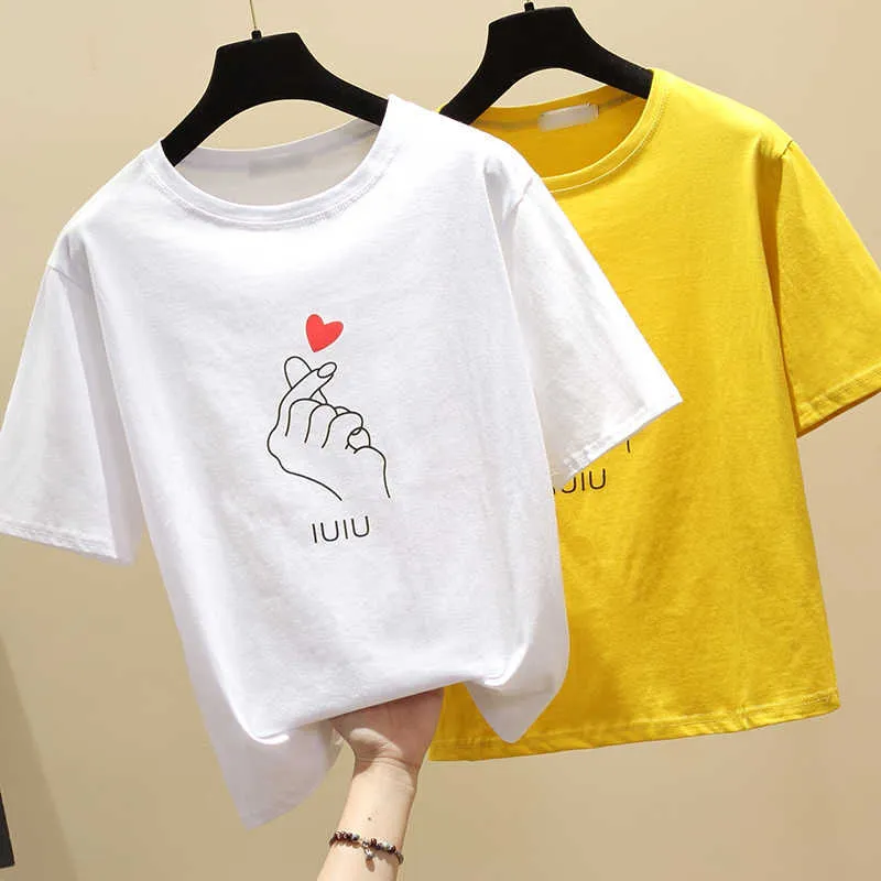 S-XL Short Sleeve Tshirt Women Clothing Vintage White T shirt Woman Tops Summer Printed Yellow Cotton Tee Shirt Femme 210604