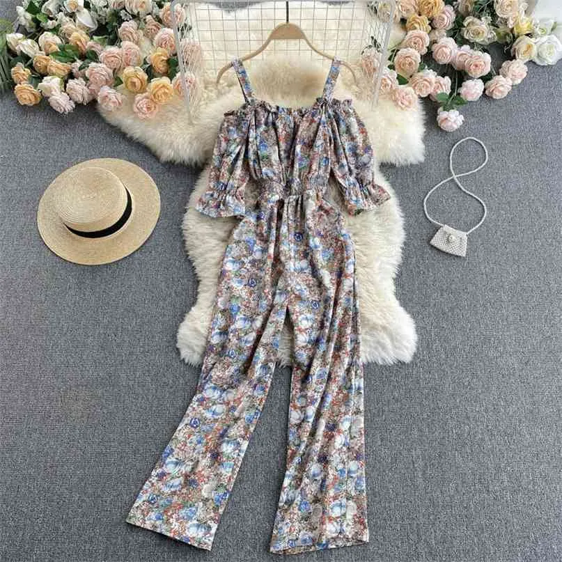 Kvinnors Jumpsuit Sommar Spaghetti Strap Off Axel Kortärmad Elastisk Waist Wide Ben Byxor Blommig Print Beach Overaller 210603