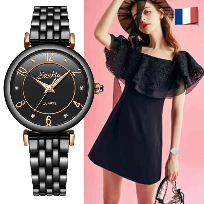 Sunktaの女性はラグジュアリーブランド時計ギフトブラックレディースウォッチファッションドレス腕時計防水シンプルなスタイルReloj Mujer 210517