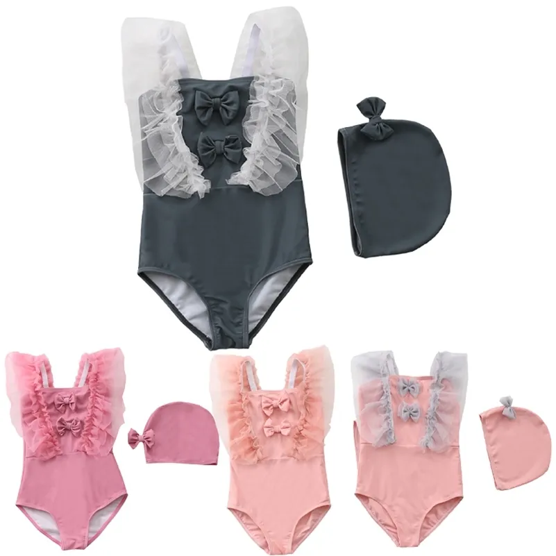 Peuter baby baby badpak boog uit eendelig kant kids badmode zwemmen + hoed 2 stks kostuum zomer meisjes schattige bikini 210417