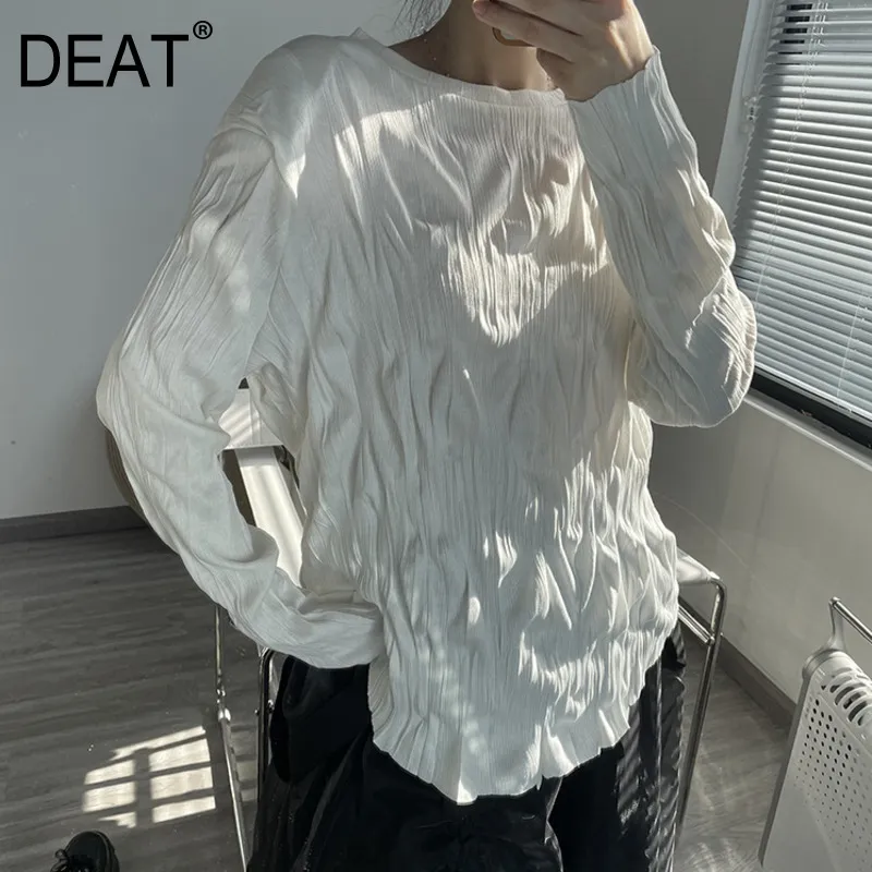 spring and summer fashion women clothes round neck full sleeves pullover pleasted loose T-shirt WP45300 210421