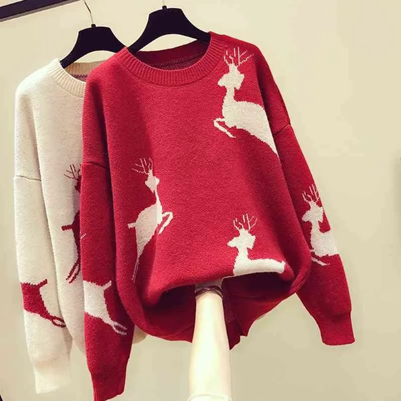 O-Neck Jumper Pullover Ugly Christmas Little Elk Röda Tröjor Kvinnor Oversized Fashion Lazy Wind Blouse Kvinna All Match 210520