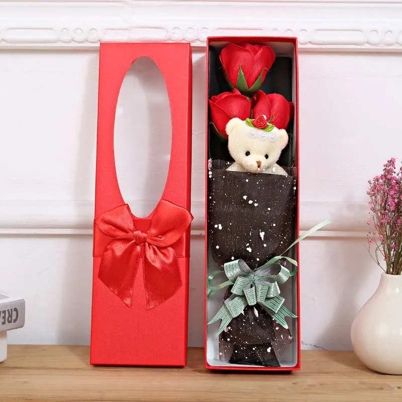 Artificial Soap Roses With Little Cute Teddy Bears Delicate Boxed Five Immortal Flower Or Three Flowers And Bear 8 8hr F R