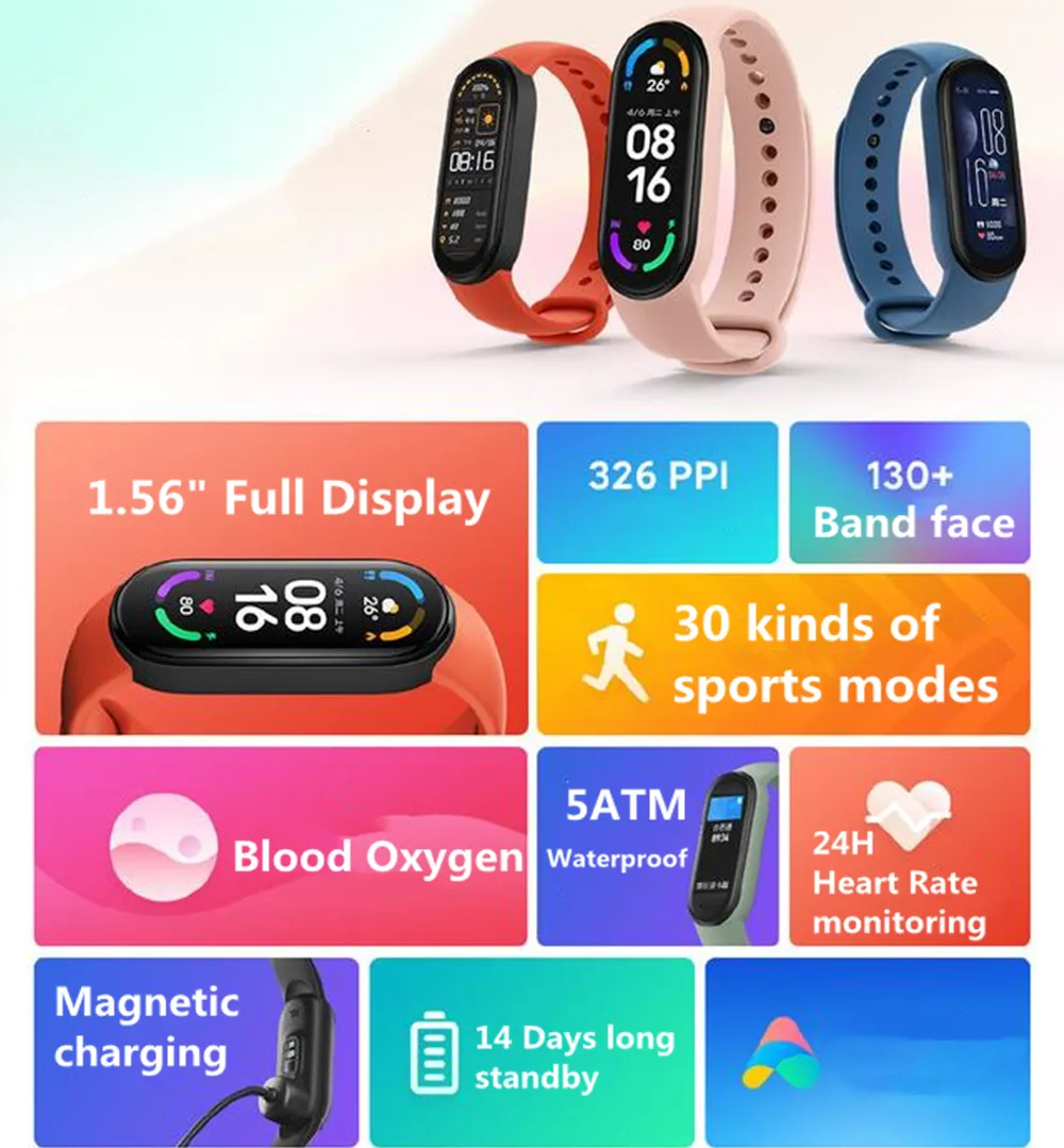 Xiaomi Mi Band 6スマートブレスレット血球血圧酸素フィットネストレーニング心拍数Bluetooth防水スマートバンド6