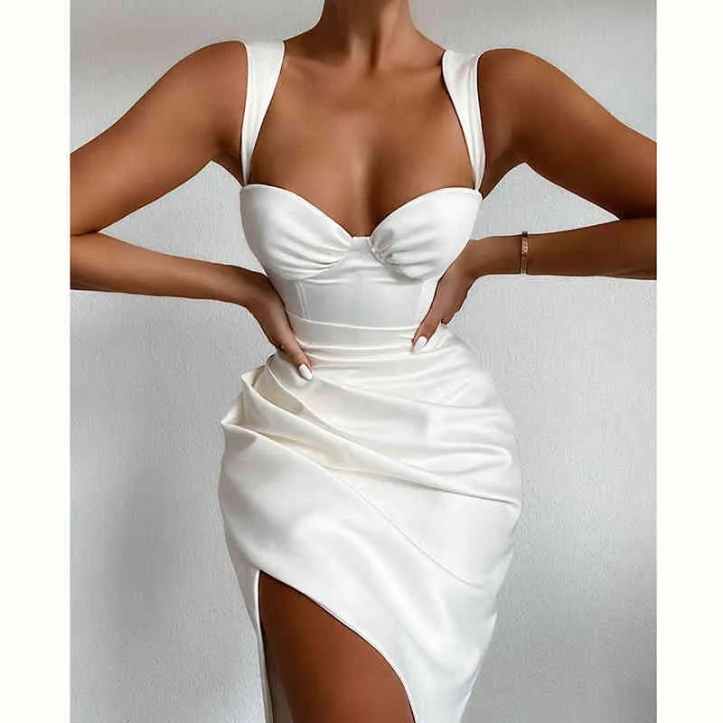 Newasia White Party Dress Mulheres Verão Sem Mangas Underwire Sweetheart Decote Sexy Dress Side Split Ruched Midi Vestidos 210413