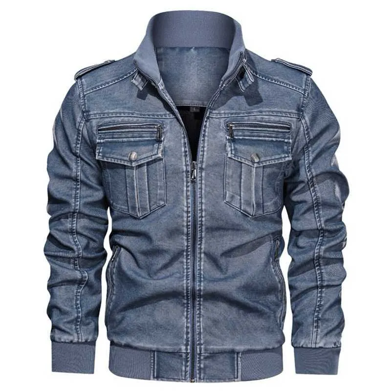 Mens Läderjacka Vinterrock Street Fashion Casual Wear Drsigned Large Zipper Pocket Jacket Motorcykel Jackor för män 211110