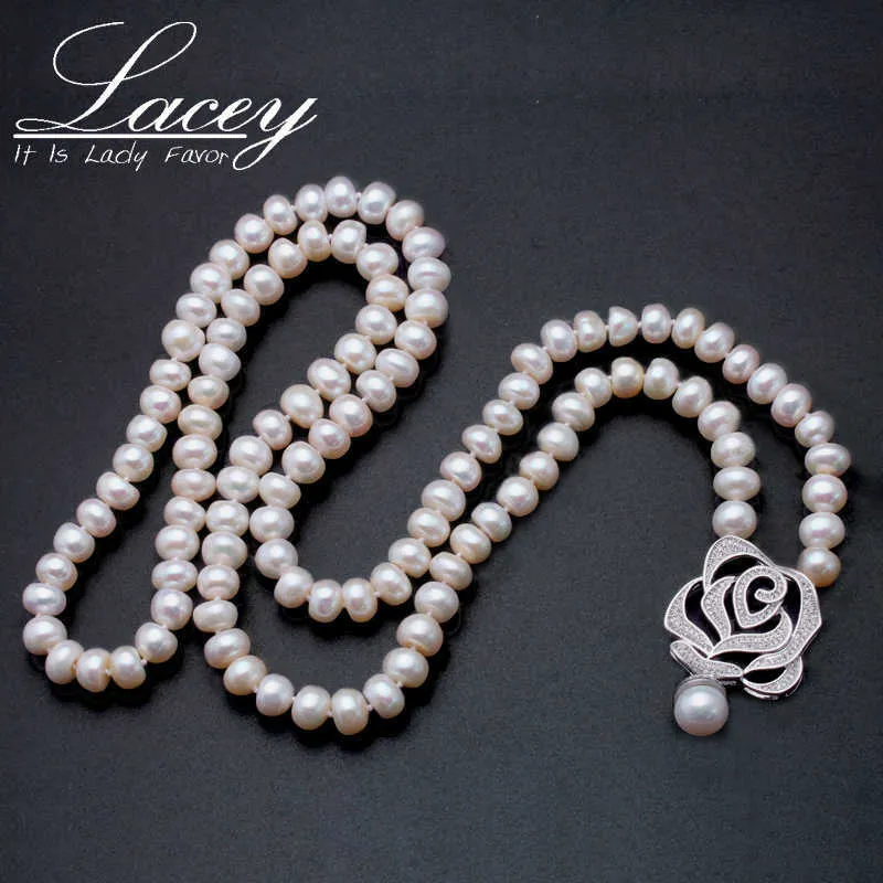 Äkta Semi Round Pearl Smycken Halsband, Fina Smycken Halsband Pendants, Freshwater Pearl Stone Beads Lång halsband