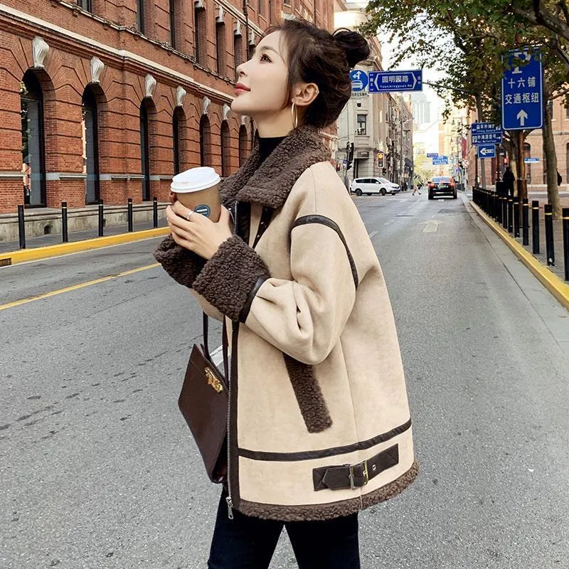Women's Jackets Coat Autumn And Winter Clothes 2021 Splicing Plush Motorcycle Medium Long Small Fragrance